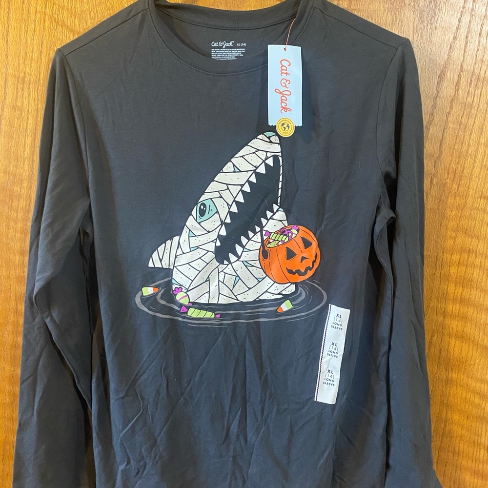 Cat & Jack Kids Long Sleeve Shark and Pumpkin Tee - Dark Gray - Youth 14
